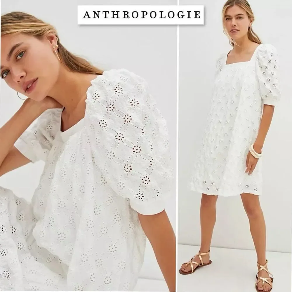 Anthropologie Maeve Eyelet Mini Dress in White M P Puff Sleeve Square Neck
